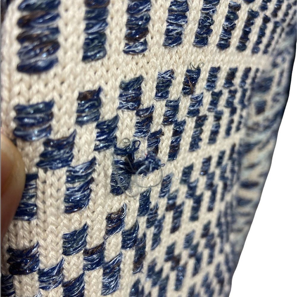 Lucky Brand Open Front Blue Cardigan Sweater Fringe Trim Geometric Size Medium - Picture 5 of 8
